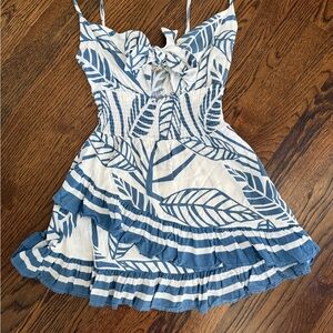Blue & White Leaf Print Sundress – Ruffle Hem, Smocked Waist, Tie Front – Size M